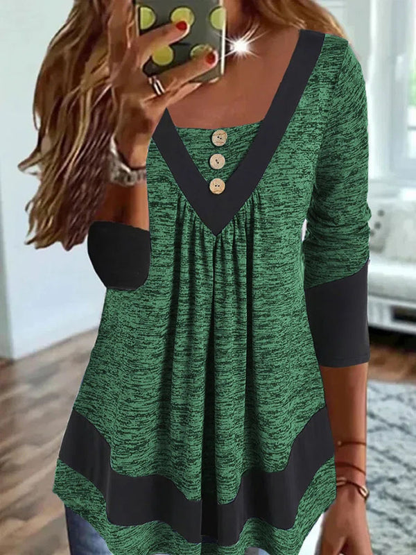 Chic V-Neck Long Sleeve Pullover with Digital Print in Sea Green, Caramel, Sapphire Blue, or Gray | Trendy Street Style Top
