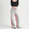 Women's High-Waist Patchwork Plaid Jeans in Pink, Straight-leg Style, Red and Black, Cotton Pants, Versatile Fashion