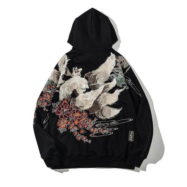 Men's Embroidered Hooded Top with Nine-tail Fox Motif in Classic Black - Trendy, High-quality Cotton for Teen to Adult Casual Wear