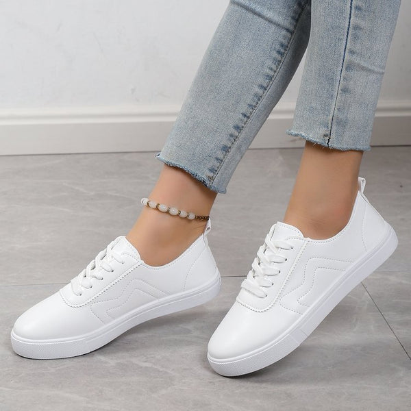 White Lace-Up Flats with Round Toes and Thick Soles for Women - Casual, Comfortable, and Trendy Footwear.