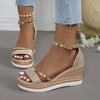Women's Rhinestone Accent Muffin Heel Sandals in Shiny Silver - Stylish peep-toe sandals with rhinestones for chic comfort. Modern European and American design.