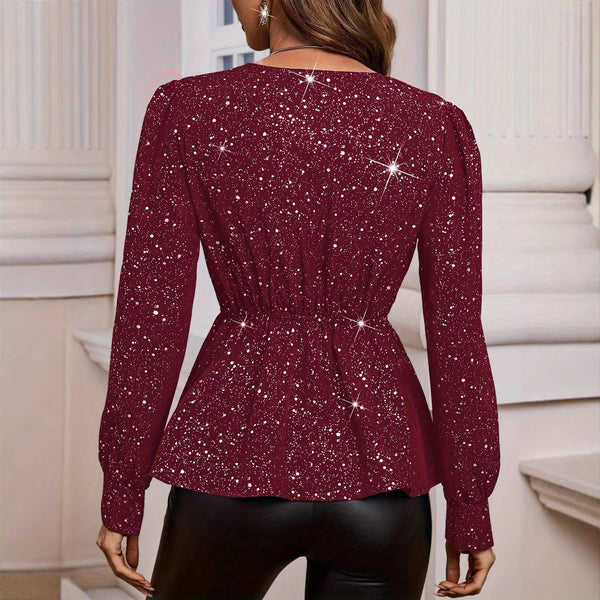 Elegant Long-Sleeve V-Neck Top in Black - Women's Fashion Slim Fit Pullover - Polyester Stitching Technique - Available in Wine Red.