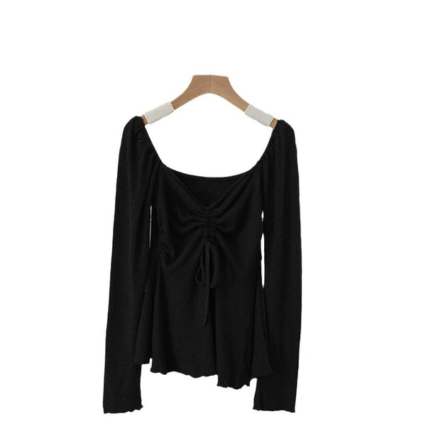 Chinese Knit V-Neck Drawstring Top in Brown Grey Beige