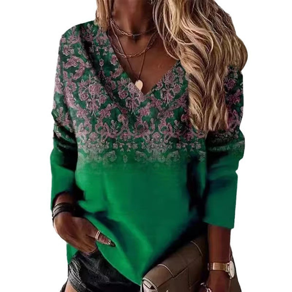 Chic Retro 3D V-Neck Long-Sleeve T-shirt in Various Colors - Plus Size - Polyester - Vintage Style - Women's Fashion Top