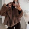 Women's Plush Polyester Coat in Deep Brown - Chic and Warm Winter Fashion Inspired by Japanese and Korean Styles