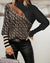 Chic Women's Printed Contrast Zipper Top in Classic Black - Trendy Women's Attire with Princess Sleeves for Comfy Elegance.