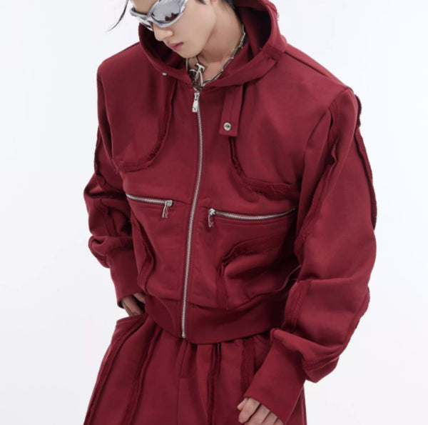 Chic Red Deconstructed 3D Hooded Tracksuit Jacket with Hooded Collar and Front Zipper in Asian Size - Men’s Fashion