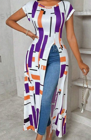 Trendy Women's High-Slit Maxi T-Shirt with Geometric Print, Summer Fashion, Polyester Blend, Roomy Sizes