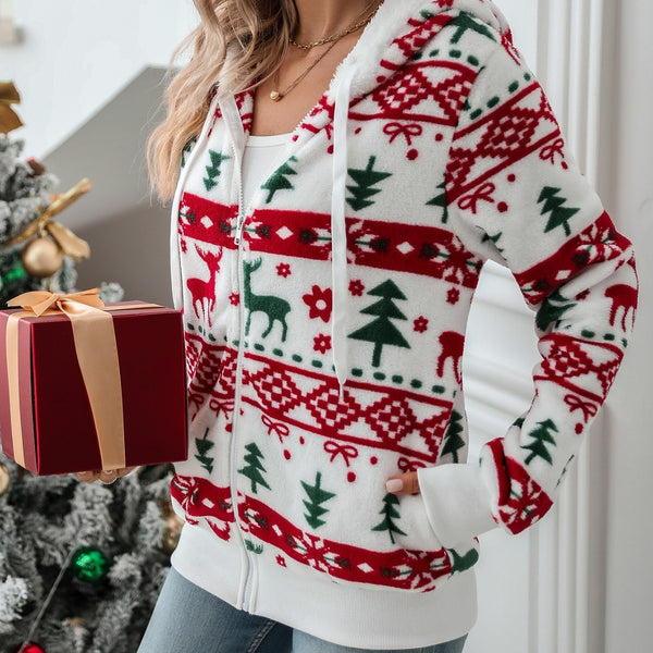 Festive Christmas Print Plush Cardigan in Classic White - Women's Holiday Outerwear
