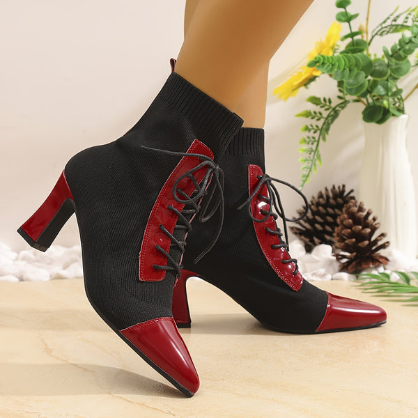 Chic black and red pointed toe lace-up booties with block heel, perfect for all-season fashion and comfort.