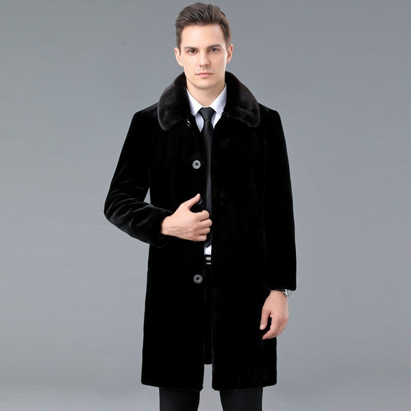 Winter Fur-Lined Men's Leather Over The Knee Coat - Han Edition, Loose Fit, Wool Blend - Ideal for Winter - Ribbed Hem & Pockets